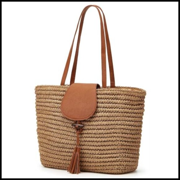 Hand-Woven Straw Tote Shoulder Bag Large Beach Purse Minimal Boho Vacation - Picture 4 of 7